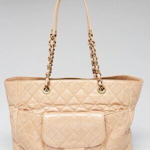 Chanel Beige Quilted Glazed Leather Front Pocket Large Tote Bag
